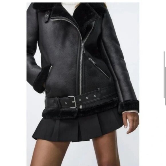ZARA FAUX LEATHER JACKET FUR COLLAR - Picture 4 of 6